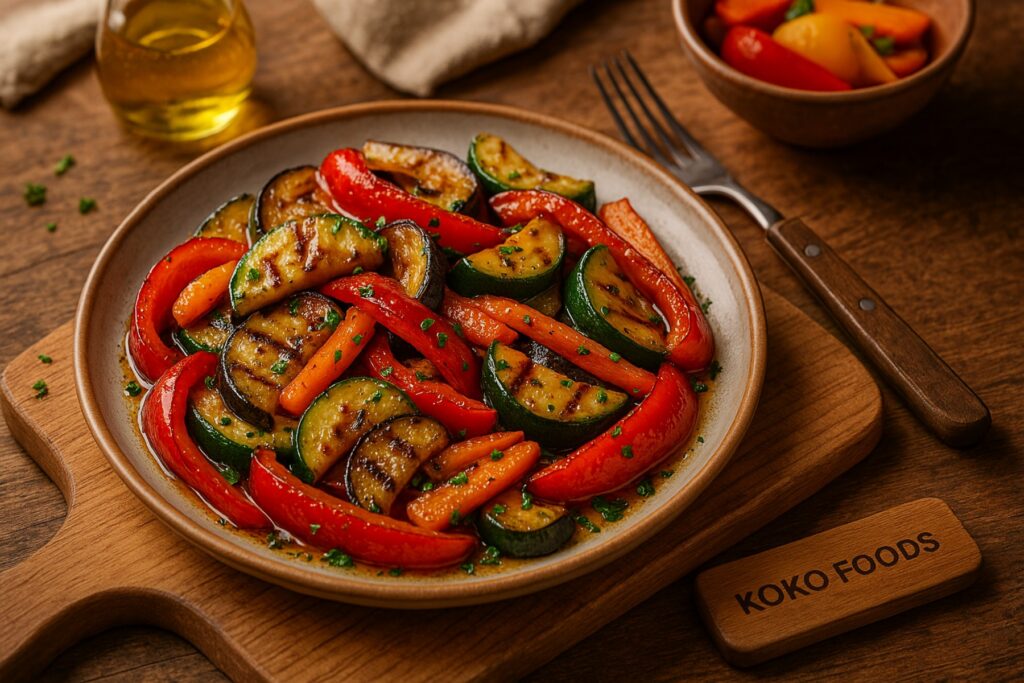 Гриловани тиквички, червена чушка и патладжан с пресни билки – Koko Foods Казанлък