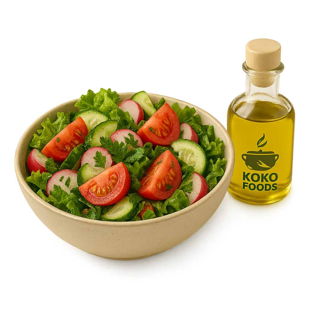 Свежа салата с домати, краставици и маруля – гарнирана с зехтин от Koko Foods Казанлък