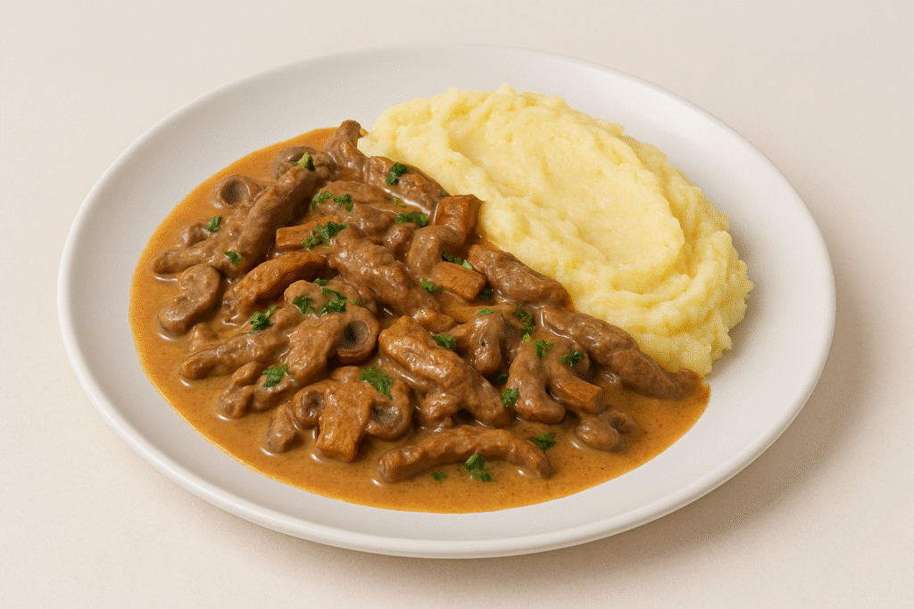 Бьоф Строганов със свинско месо, гъби и сметанов сос – ястие от Koko Foods Казанлък