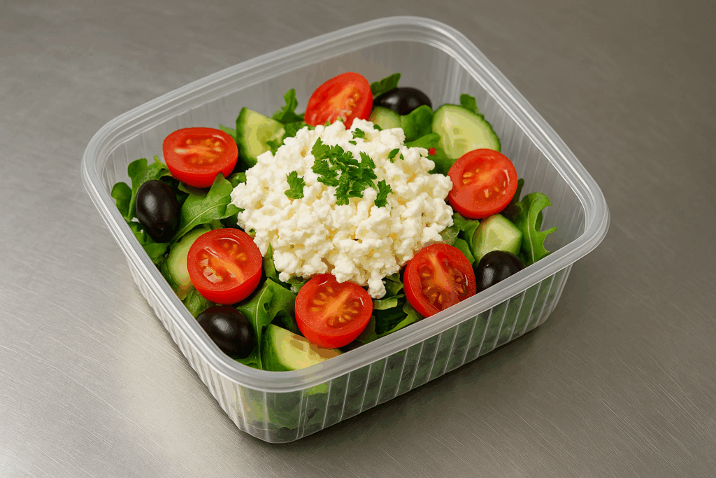 Гръцка салата за вкъщи от Koko Foods, Казанлък – свежи зеленчуци, сирене и маслини в кутия за храна