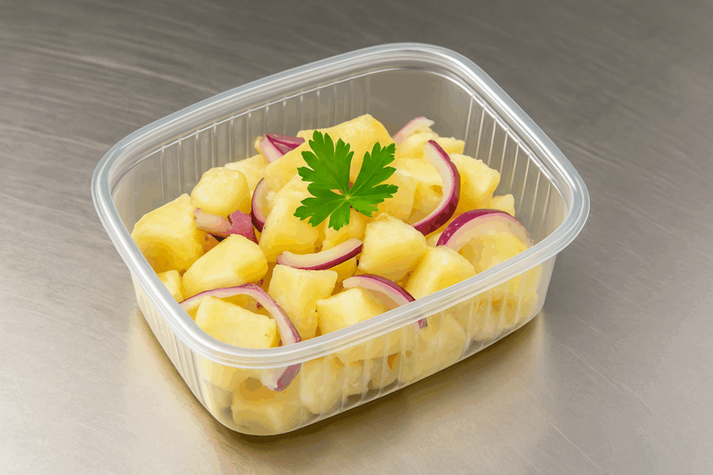 Салата от варени картофи с червен лук и мерудия в кутия за вкъщи – Koko Foods Казанлък