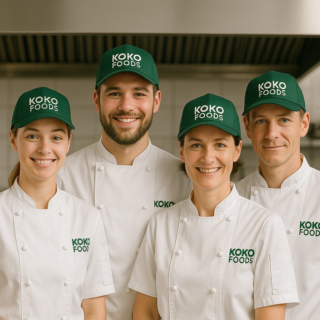 Koko Foods екип от четирима готвачи с униформи и брандирани зелени шапки в кухня